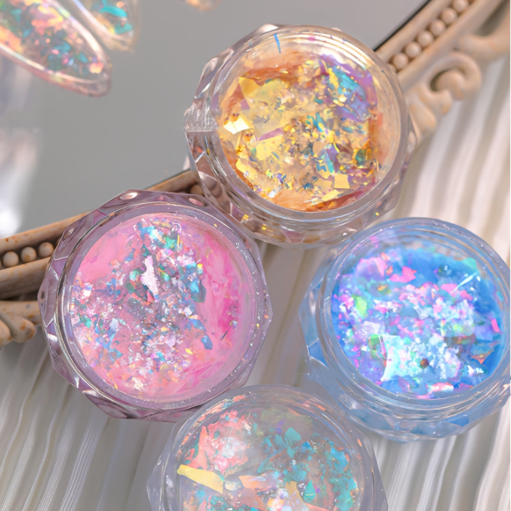 1 Box of Aurora Opal Glitter Flakes, 5 Colors Dreamy Cloud Brocade Nail Art Flakes, Shimmering Iridescent Holographic Sparkle Sequins for DIY Nail Design